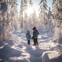A boy and a girl walk through the snow-covered forest.
