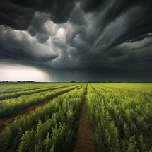 Dramatic stormy sky over green field. Nature composition