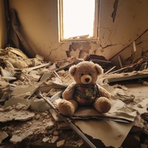 Destroyed room with concrete debris everywhere, a teddy bear sitting in the center after an earthquake