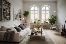 European apartment with a Scandinavian interior design and large windows