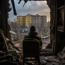 A man sitting in a yellow plush chair, seen from the back, in a five-story building with a broken window caused by a military missile