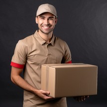 Smiling delivery man in cap holding cardboard box on black background