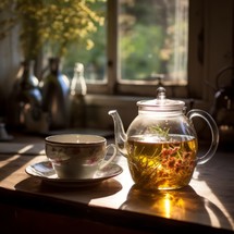 Fresh herbal tea in warm country house light