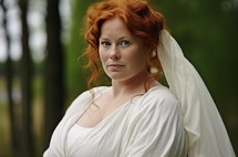 Confident woman in wedding dress with red hair in forest looking to camera