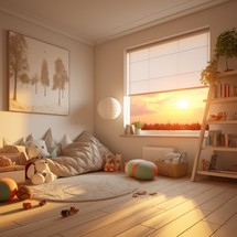 Realistic photo capturing the warm glow of sunset light streaming into a children's room, creating a cozy and magical atmosphere