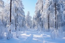 Snow-laden trees in a tranquil forest scene