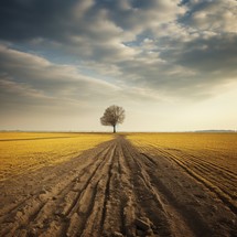 A solitary tree stands tall in an open field, its branches reaching towards the sky The vastness of the landscape emphasizes the tree's isolation and creates a sense of tranquility