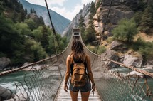 Back view of a female hiker crossing a suspension bridge in a mountainous area