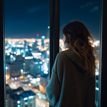 Young woman gazes out of window on 18th floor, captivated by city lights at night