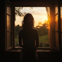 Blurred silhouette of a woman seen through a dusty window at sunset