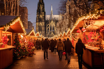 Crowded Christmas market in Cologne with festive lights and decorations near a cathedral
