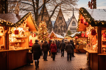 Crowded Christmas market stalls with festive lights