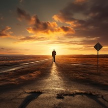 A man stands alone at a crossroads, bathed in the warm glow of the setting sun