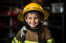Dressed as a firefighter, a 6-year-old boy exudes boundless enthusiasm. His eyes sparkle with excitement, and a wide, genuine smile stretches across his face as he proudly showcases his passion for the heroic role