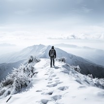 Man conquering snow-covered mountain, just two steps from the top