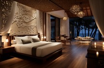 Elegantly decorated hotel room with traditional Indonesian design elements, ocean view