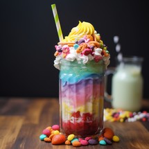 Colorful milkshake in glass on wooden table, copy space