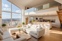 Bright penthouse interior with city view