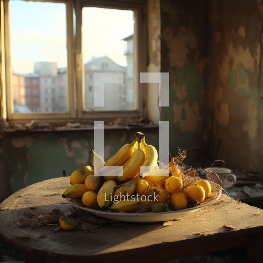 A partially destroyed house in Eastern Europe with a preserved fragment of a yellow kitchen A bowl of fruit on the table contains oranges and bananas