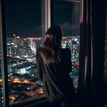 Young woman gazes out of window on 18th floor, captivated by city lights at night
