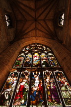Stained glass window in an ancient cathedral.