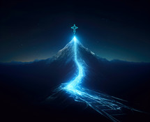 Cross on the top of a mountain with a blue light trail.