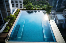 Elegant rooftop pool on a high-rise with a panoramic city view and greenery
