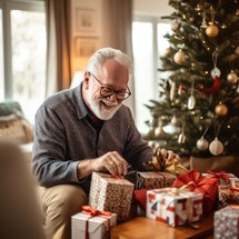Cheerful senior man in eyeglasses opening Christmas presents at home