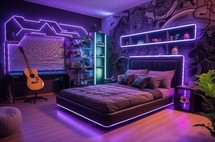 Teen's room with LED bed frame and guitar on display
