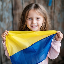 A young Ukrainian girl proudly holds her country's flag