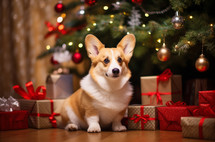 Smiling corgi dog sitting by a decorated Christmas tree with presents
