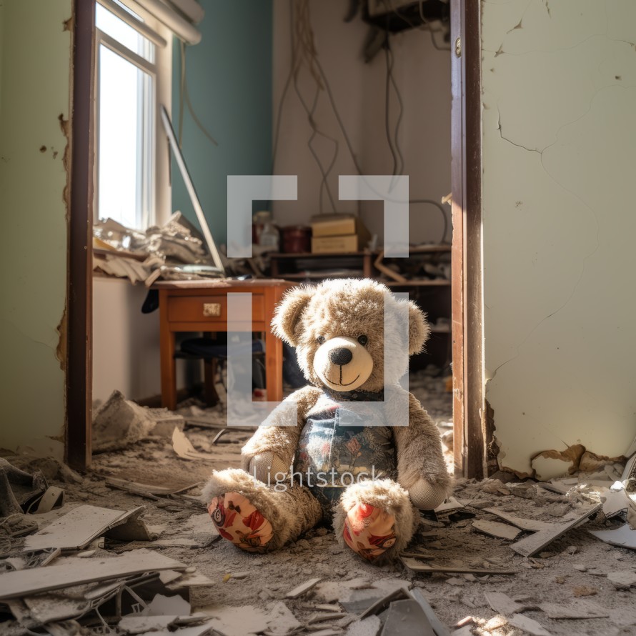 Destroyed interior of a room after a catastrophe. A plush teddy bear sits in the center amidst shattered glass and debris.