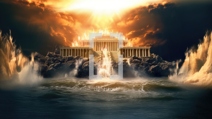The Genesis flood. "the fountains of the Great Deep burst apart and the floodgates of heaven broke open"