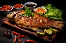 A sumptuous grilled fish on a wooden board garnished with vegetables and lime