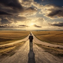 Man stands at a crossroads in rural landscape, facing away from us. Dramatic sunlight shines through clouds onto him.