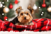 Silky Terrier lying comfortably on a festive Christmas blanket