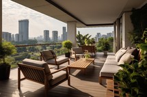 Elegant loggia setup with comfortable furniture and panoramic city view