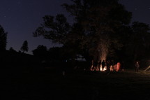 Silhouette of people around a camp fire at night.