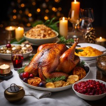 American Christmas table with close-up of turkey, candles in glasses, and festive Christmas decorations