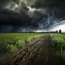 Dark stormy sky over green field with dirt road and dark clouds
