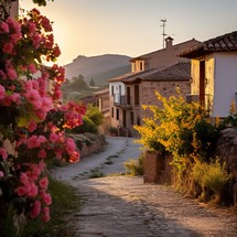 Small forgotten Spanish village, flowers and houses in the foreground illuminated by the rays of the setting sun