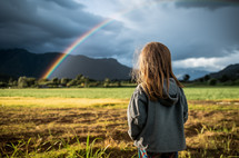 A child gazes at a vivid rainbow in the distance, standing in a field with mountains on the horizon, symbolizing hope and the beauty of nature