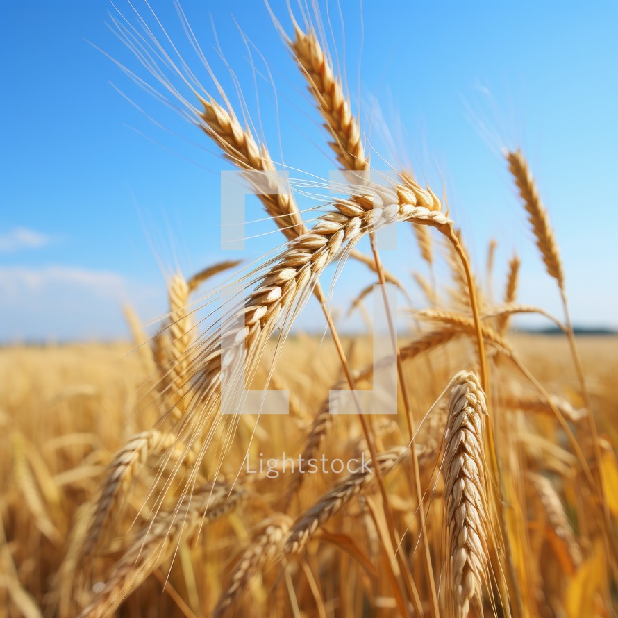 Two ears of wheat standing tall in a field, with the rest of the surroundings softly blurred