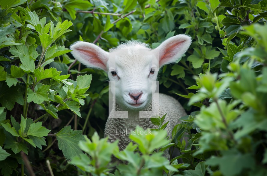 An adorable lamb is seen peeking out from the bushes, curious and ready to explore the world