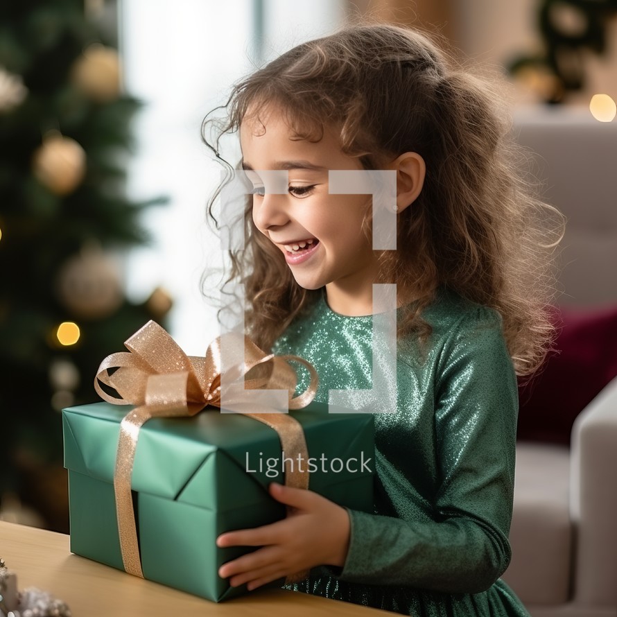 Happy little girl with gift box at Christmas tree in living room