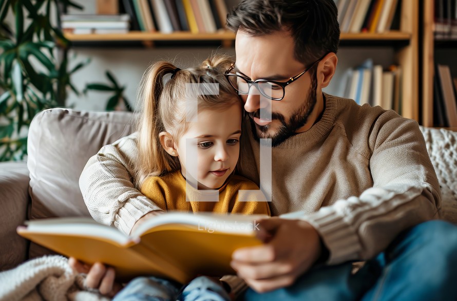 A heartwarming scene as a man reads a book to a little girl, creating a strong connection through literature