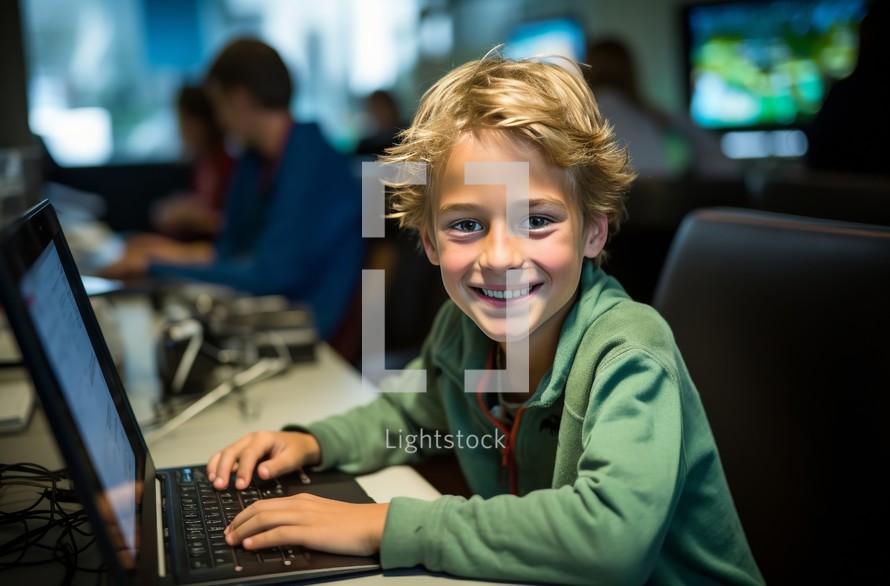 A young boy engrossed in his work, focused on the laptop in front of him