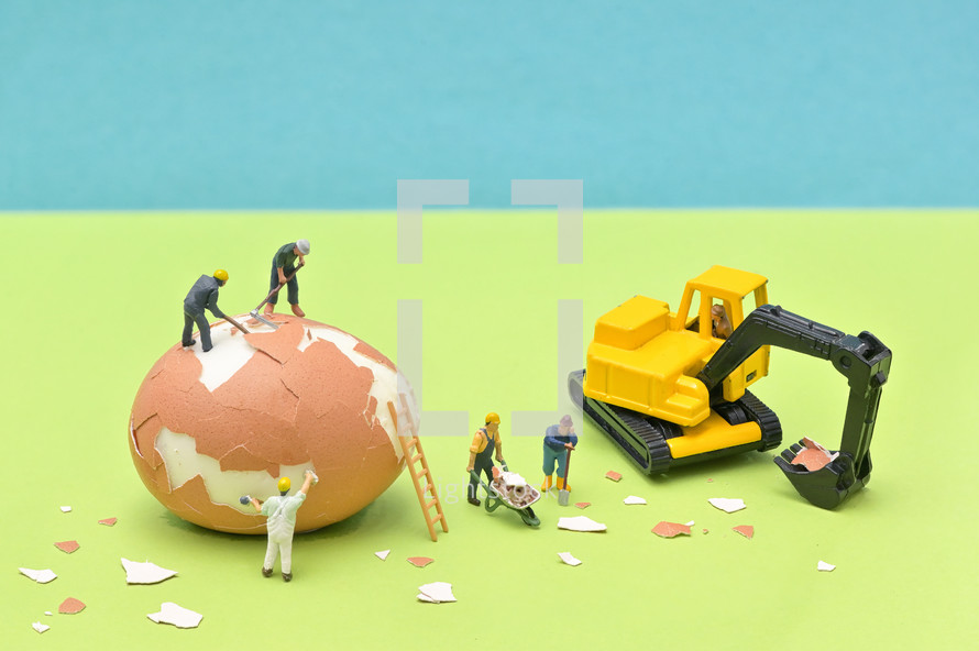 Construction Site with Miniature People Worker and Excavator