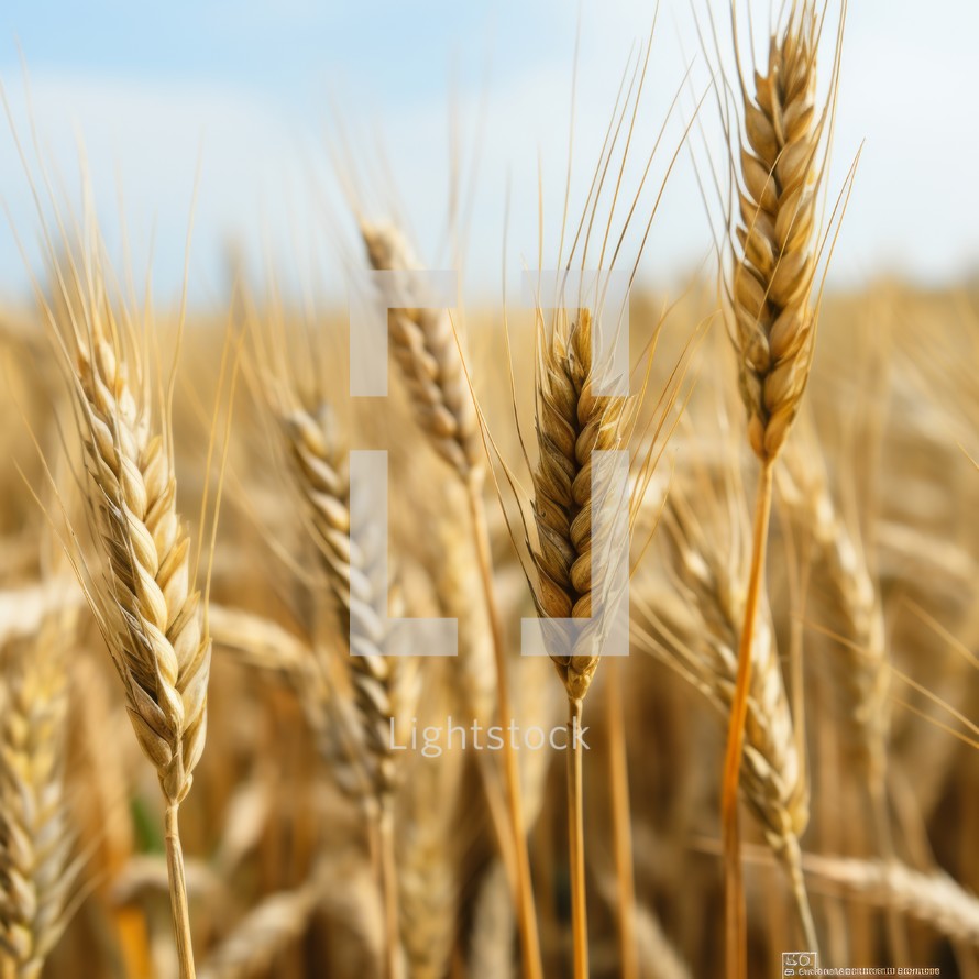 Two ears of wheat standing tall in a field, with the rest of the surroundings softly blurred