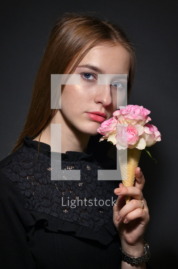 Retro Portrait Of Young Woman with Roses in Waffle Cone